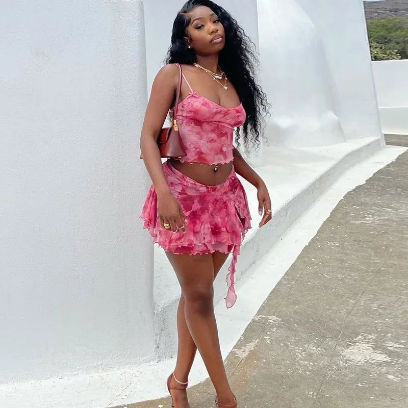 Pink Mesh Sheer Ruffle Mini Two Piece Skirt Set