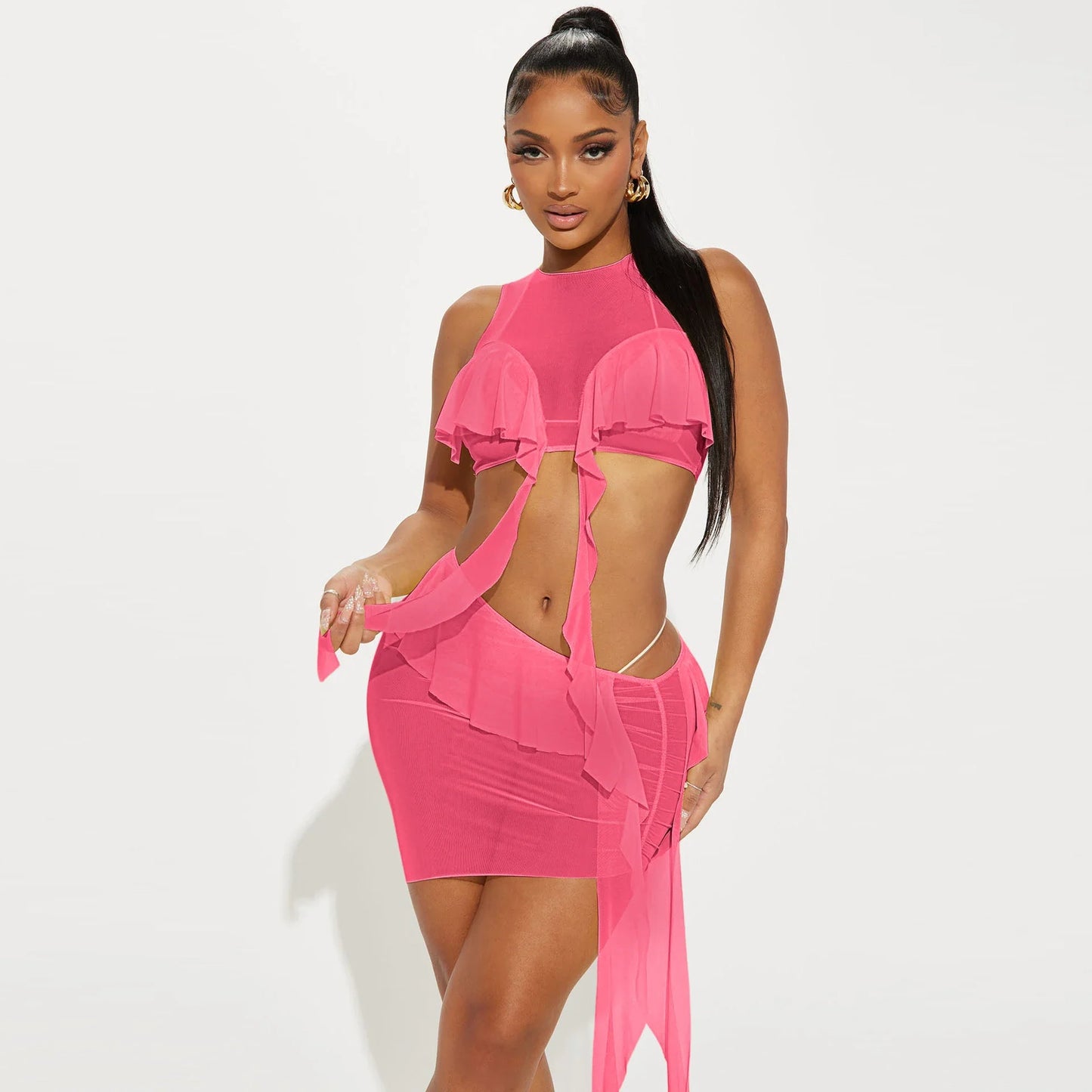 Mesh Ruffle Luxury Beach Elegant Two Piece Skirt Set