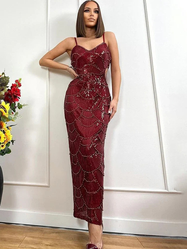 Sequins Beaded Cut-Out Midi Dress