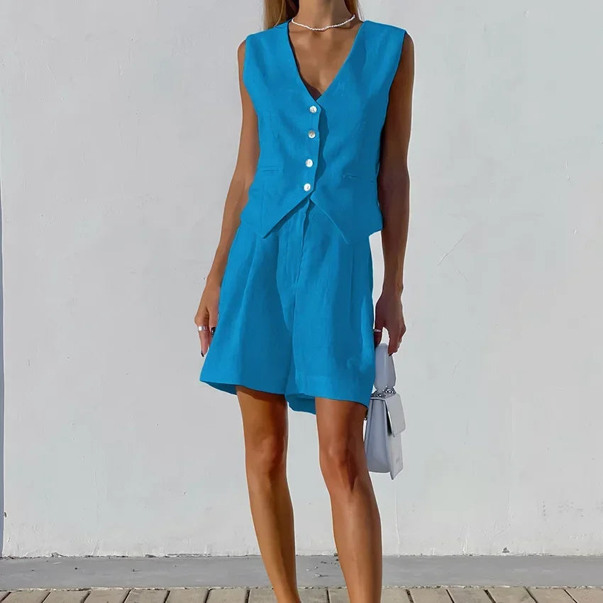 Linen Sleeveless Vest Short Suit