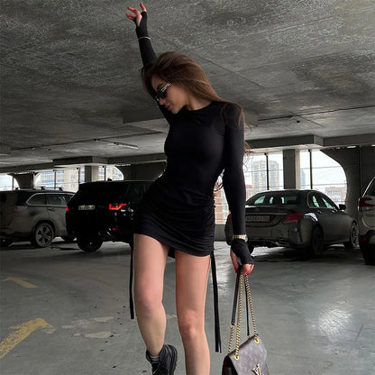 Drawstring Bandage Long Sleeve Mini Dress