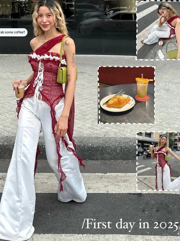 Mesh Scarf Patchwork Lace Ruffled Sheer Top