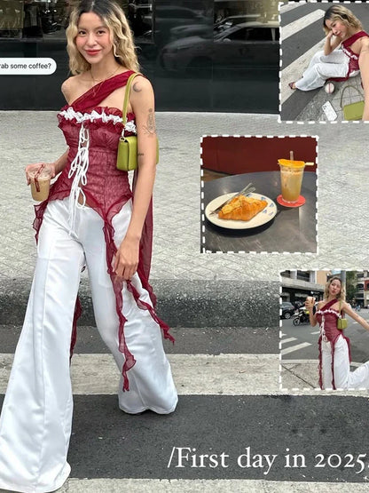 Mesh Scarf Patchwork Lace Ruffled Sheer Top