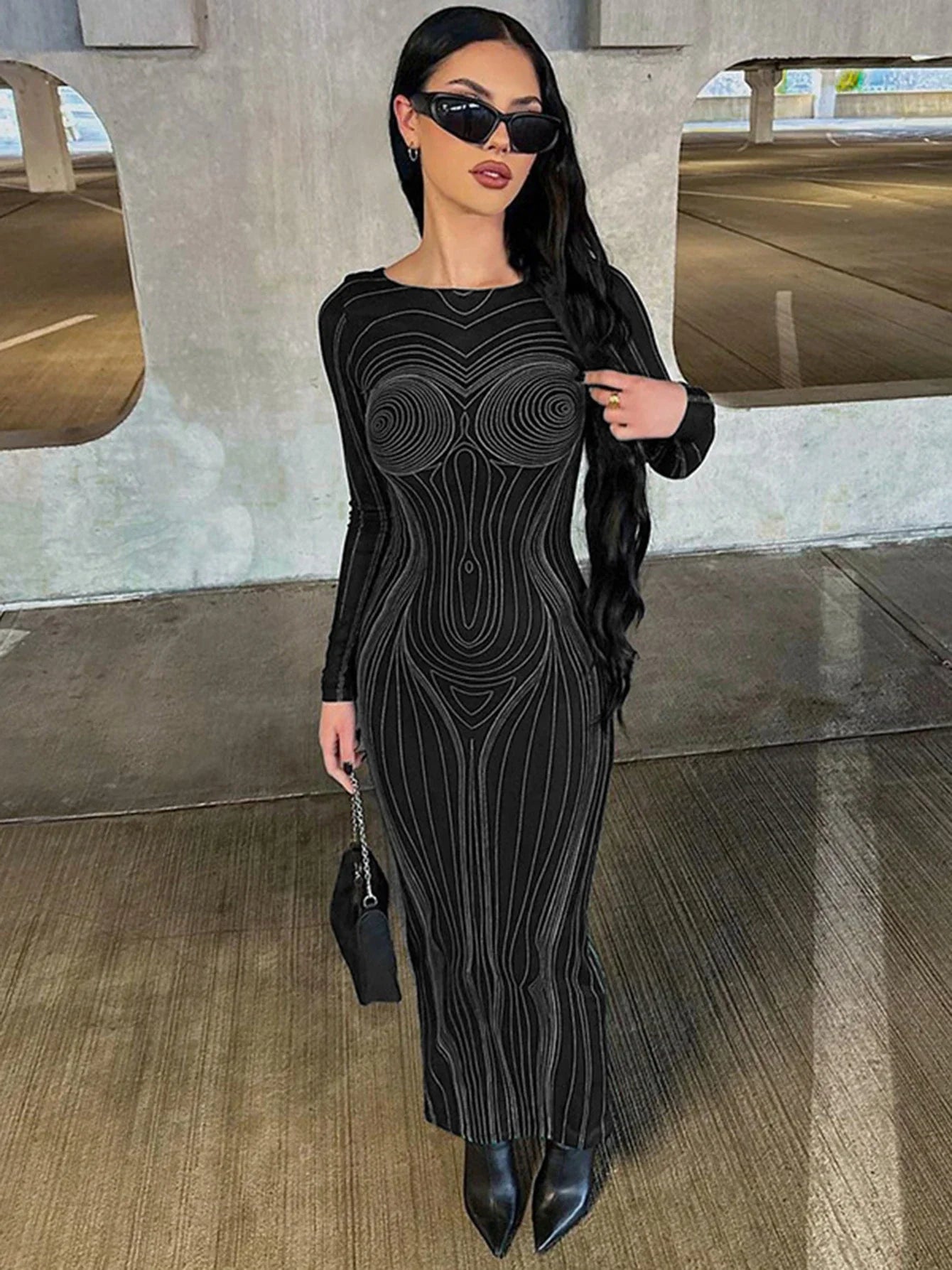 Striped See Through Bodycon Maxi Dress