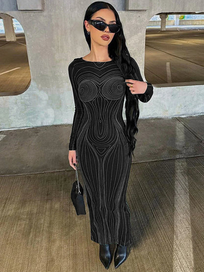 Striped See Through Bodycon Maxi Dress