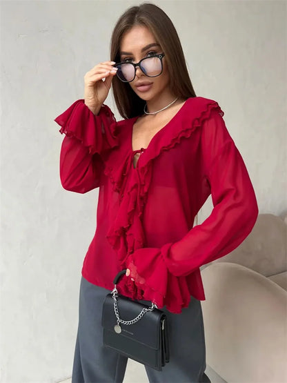 Chiffon V-neck Ruffled See-through Lace-up Blouse
