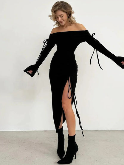 Off Shoulder Flare Sleeve Midi Dress