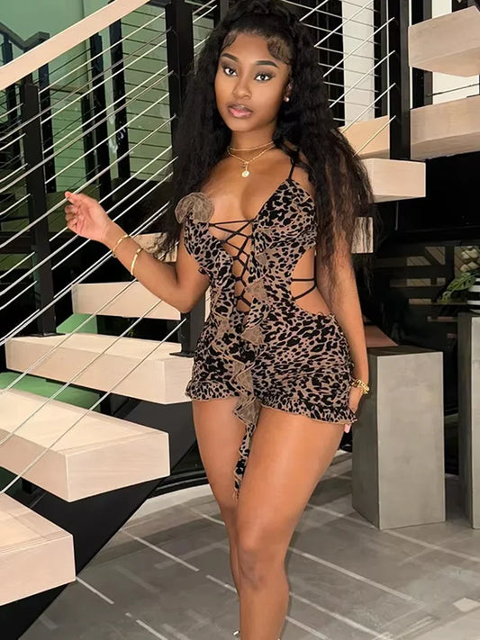 Leopard Flocking Tassel V-neck Romper