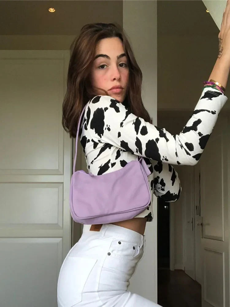 Milk Cow Print Slim Crop Sheer Top