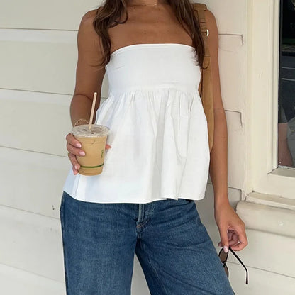 Solid Ruffles Flowy Bandeau Strapless