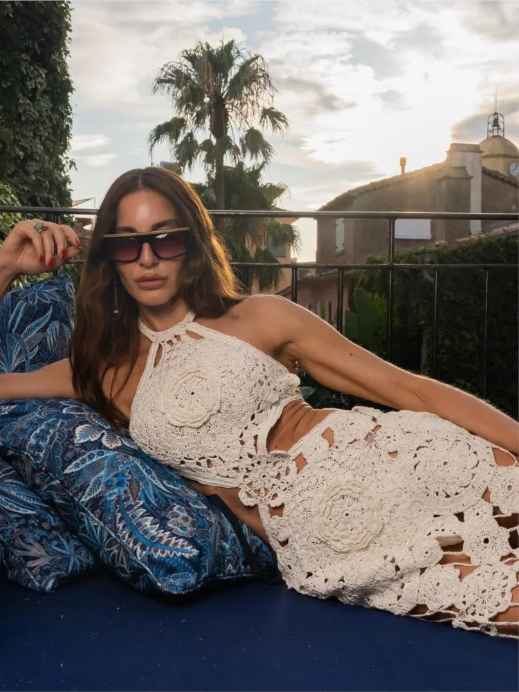 Hollow Hanging Neck Slim Floral Dress