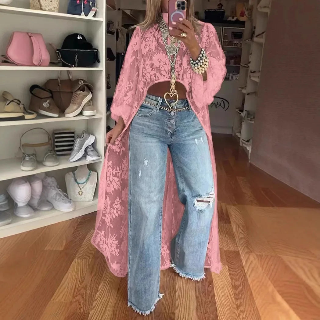 Lace Floral High Neck Puff Sleeve Blouse