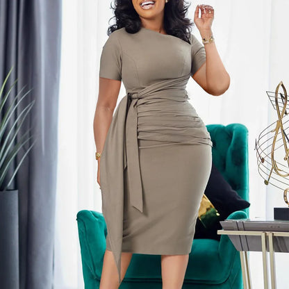 Pleated Band Collar Short Sleeve Pure Color Work Dress