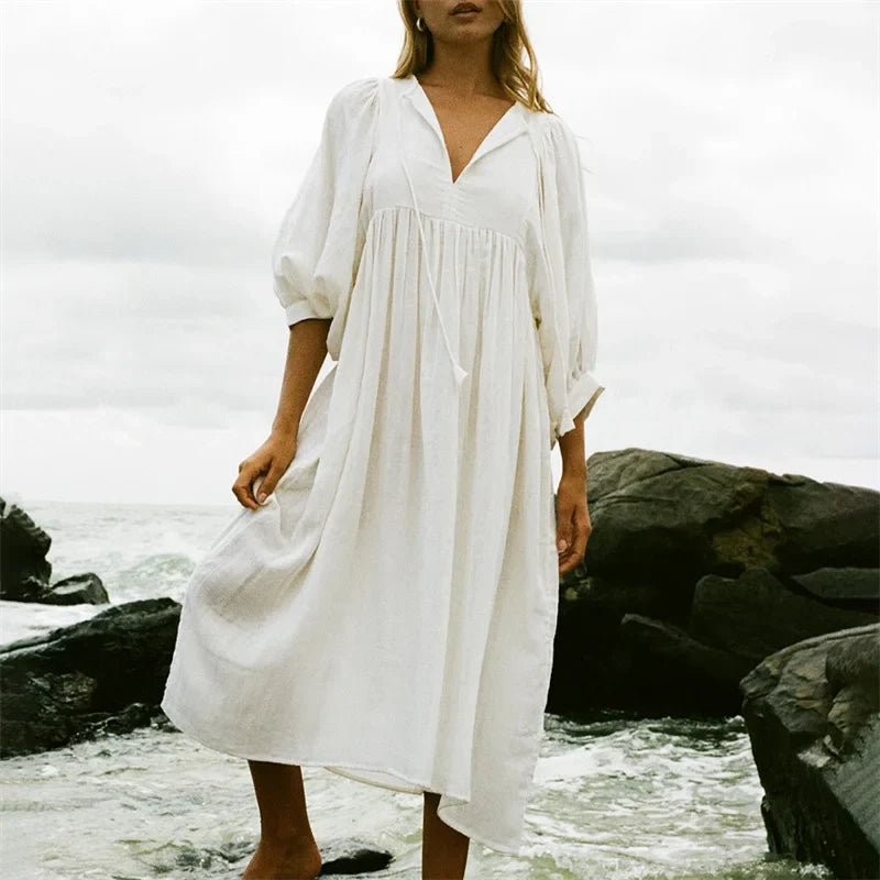 Puff Sleeve Tie Front Midi Dress