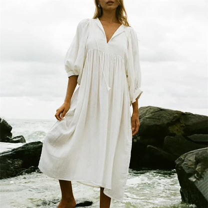 Puff Sleeve Tie Front Midi Dress