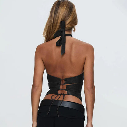 Vintage Halter Bandage Leather Backless Cami Top