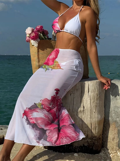 Flowers Skirt Halter Bather Sexy Three Piece Swim Sets
