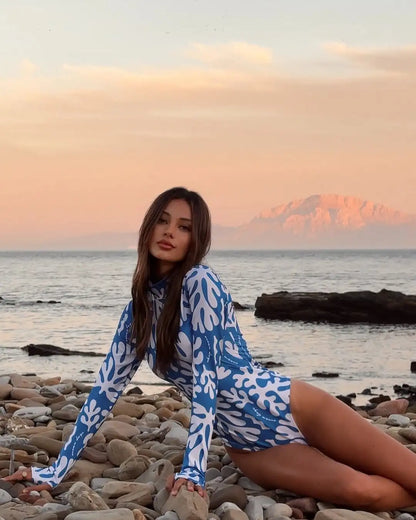 New Long Sleeve Zipper Print Vintage Surf One Piece Swimwear