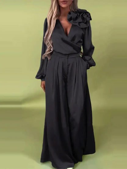 Satin Flower V-Neck Wide Leg Suit
