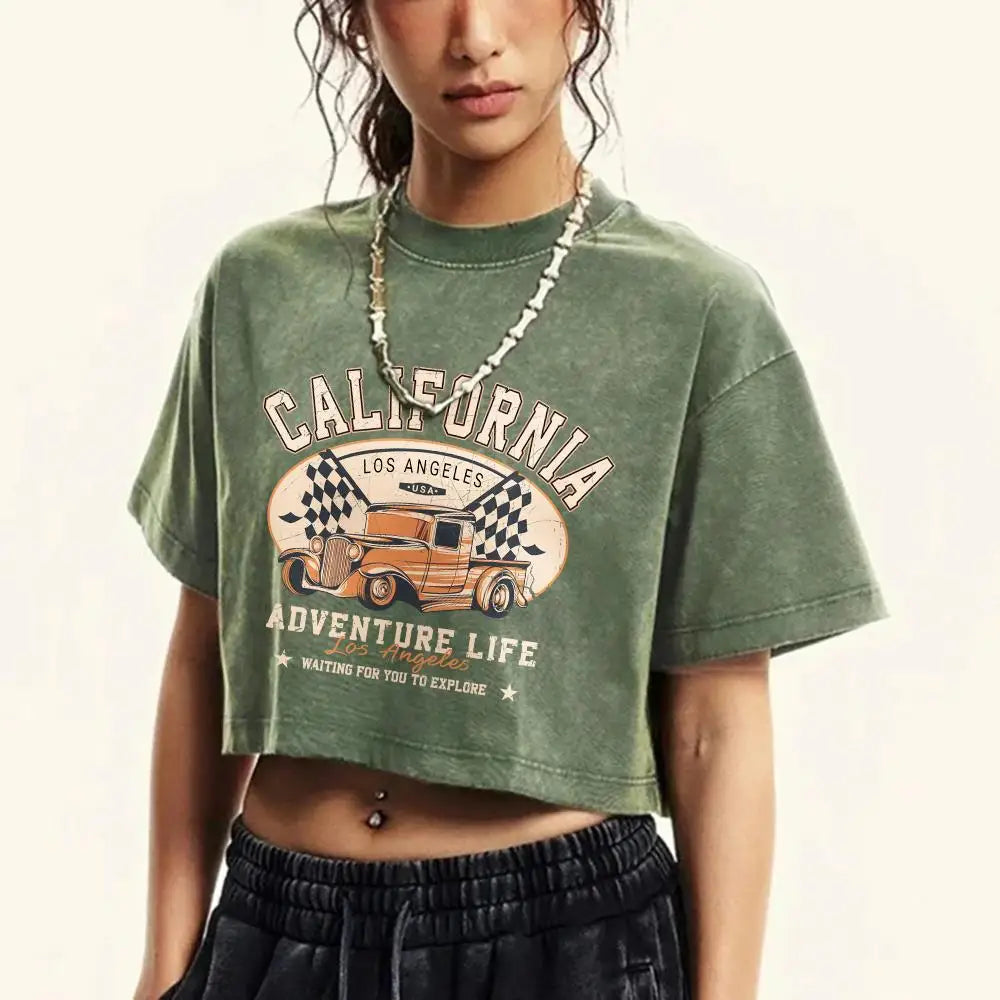 Cotton Distressed Washed Graphic Crop Top