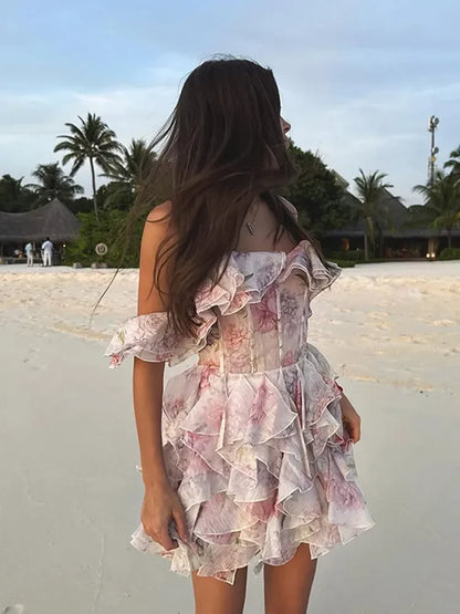 Pleated Off Shoulder A-Line Floral Dress