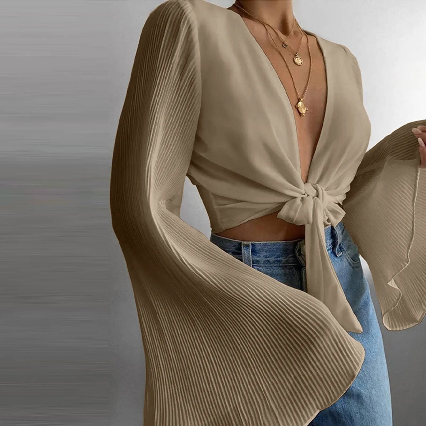 Plus Size Solid Bell Sleeve Pleated Chiffon Blouse