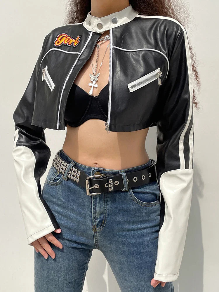 Punk Contrast Cropped PU Jacket