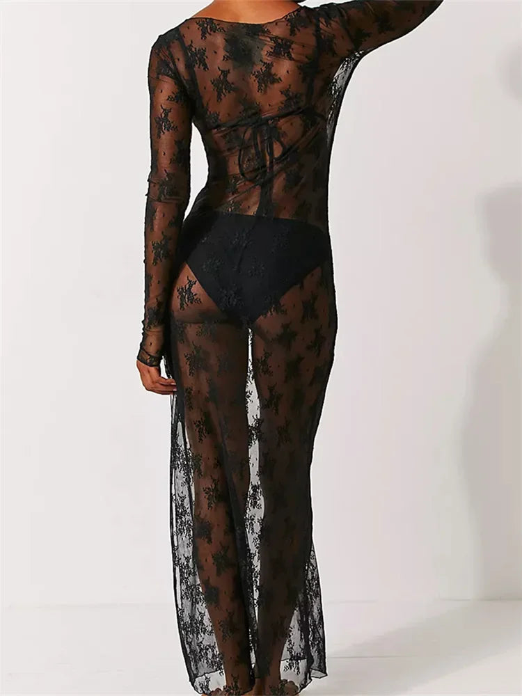High Slit Swimwear Cover-Up Long Lace Dress
