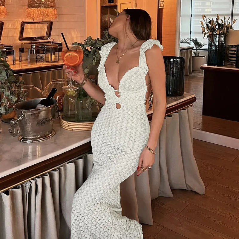 Lace Up Hollow Slim V-neck Maxi Dress