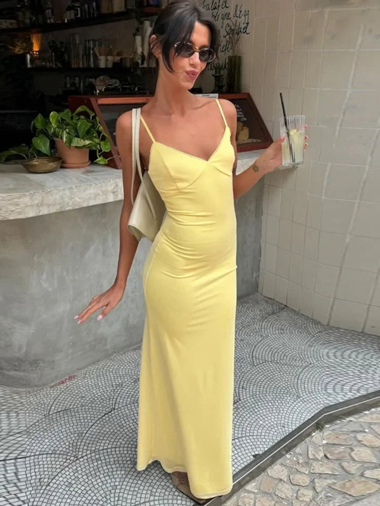 Yellow Spaghetti Strap Backless Bodycon Slip Dress