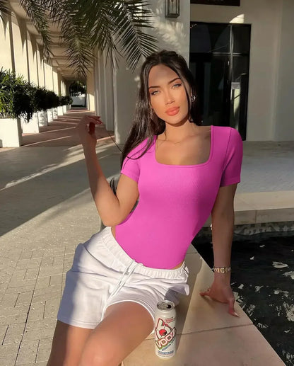 Ribbed Square Neck Sexy Thong Bodysuit Crop Top