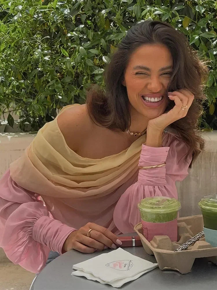 Pink Gradient Chiffon Pleated Blouse