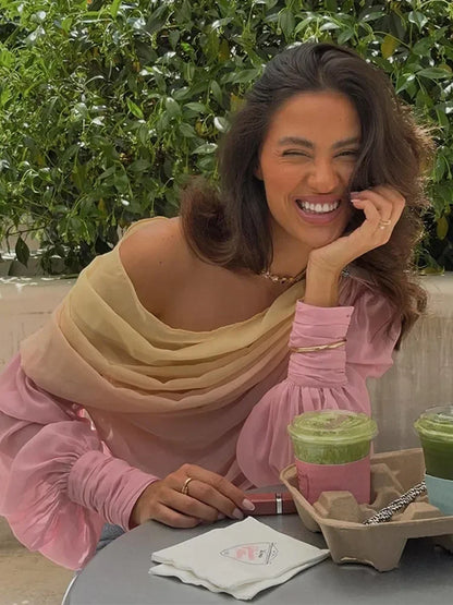 Pink Gradient Chiffon Pleated Blouse