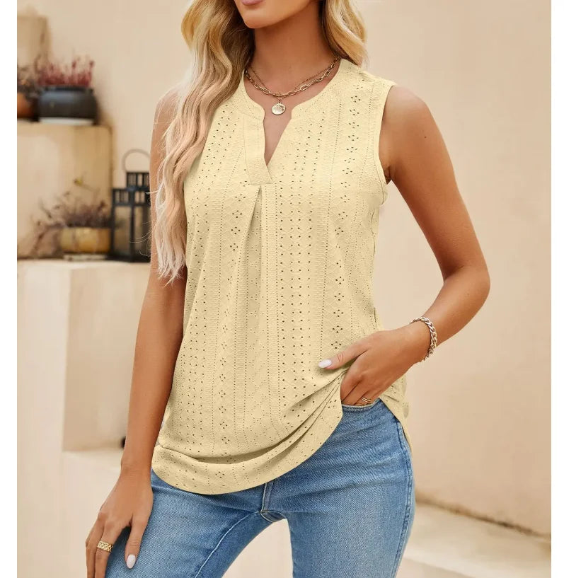Hollow Out V-neck Sleeveless T-shirt