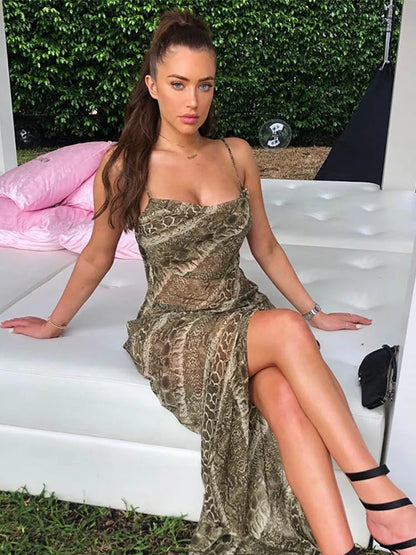 Snake Print Chiffon Sheer Strap Backless Slit Slip Dress