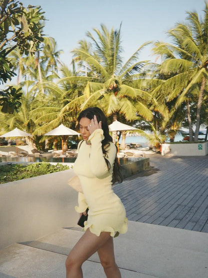 Ruffle Hem High Waist Long Sleeve Mini Dress