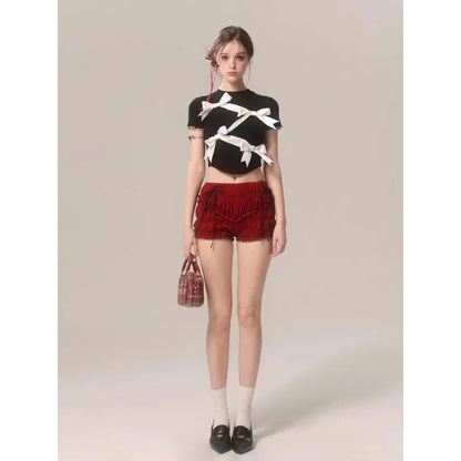 Bow Decoration Black Slim T-shirt