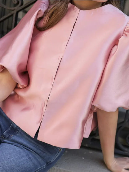 Satin Lantern Sleeve Ruffle Blouse