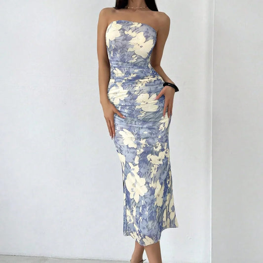 Strapless Hip Wrap Floral Dress