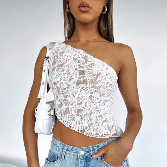 Solid Color Lace Open Waist Asymmetric Cami Top