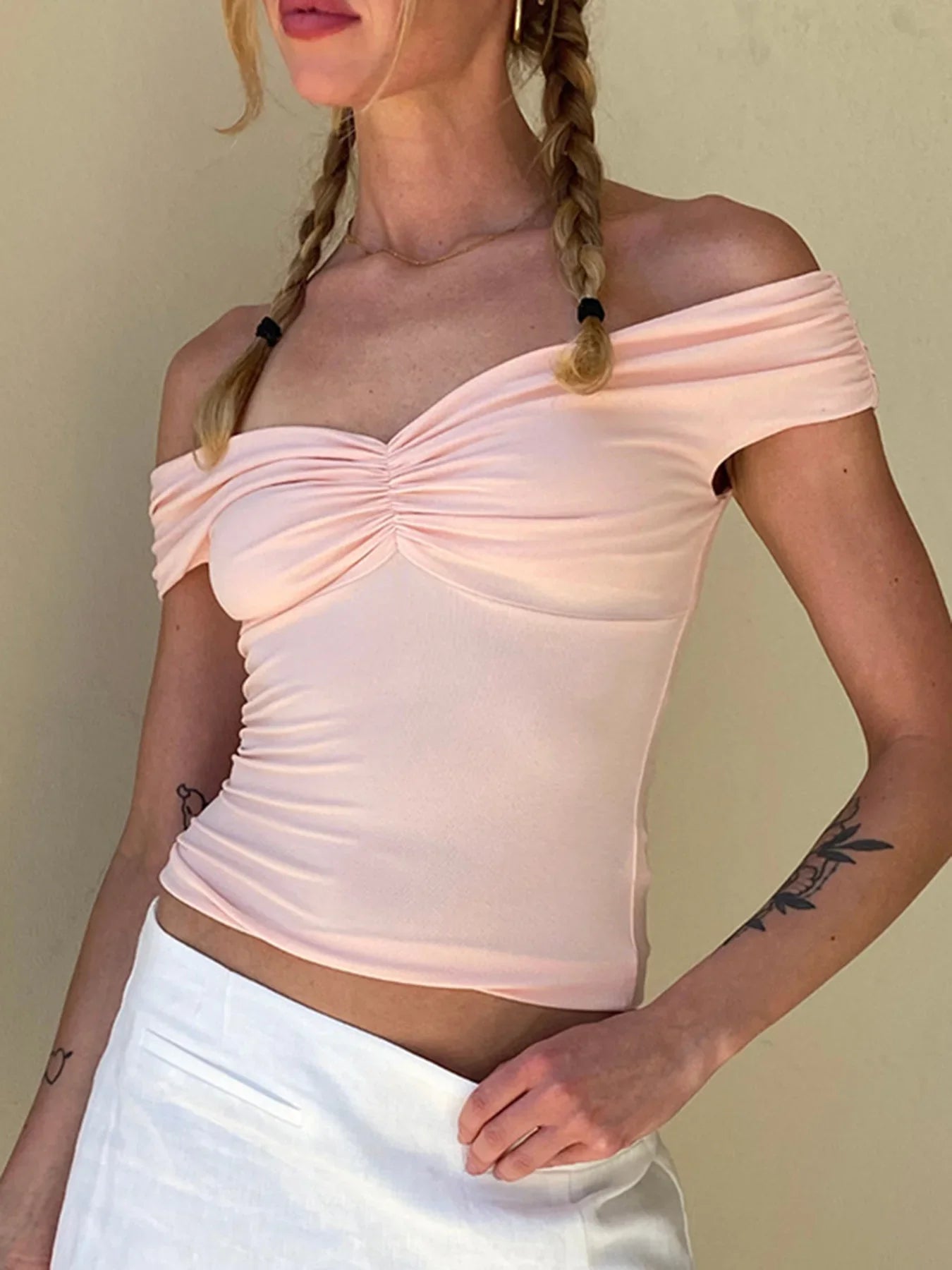 Off Shoulder Ruched V-Neck Cropped Tee Crop Top
