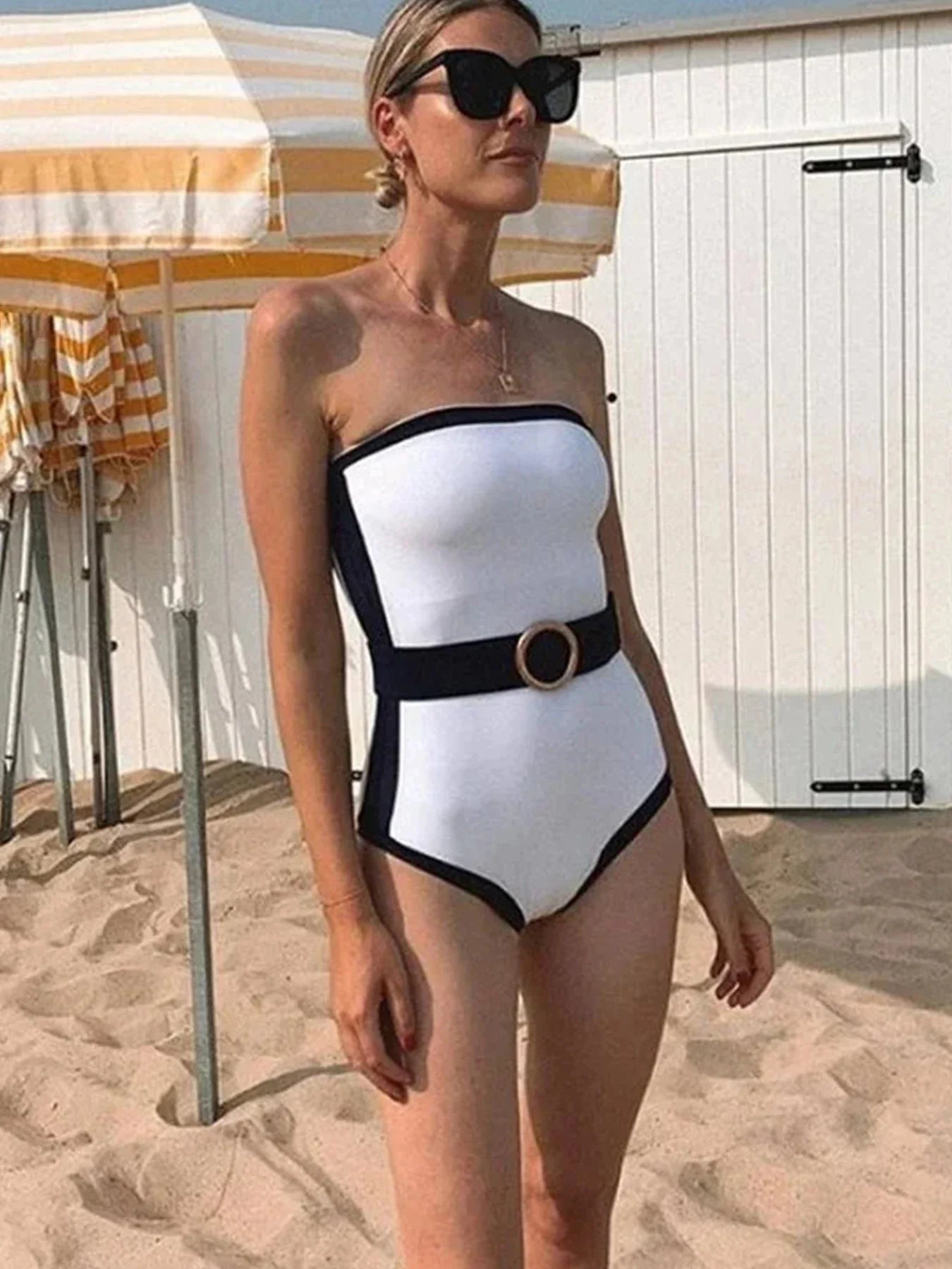 Black White Contrast Off Shoulder Bodysuit One Piece Swimwear