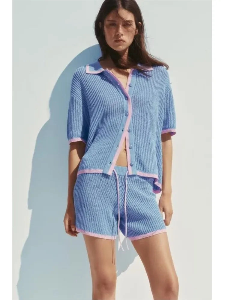 Patchwork Polo Drawstring Knit Set