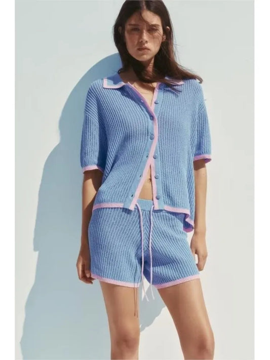 Patchwork Polo Drawstring Knit Set