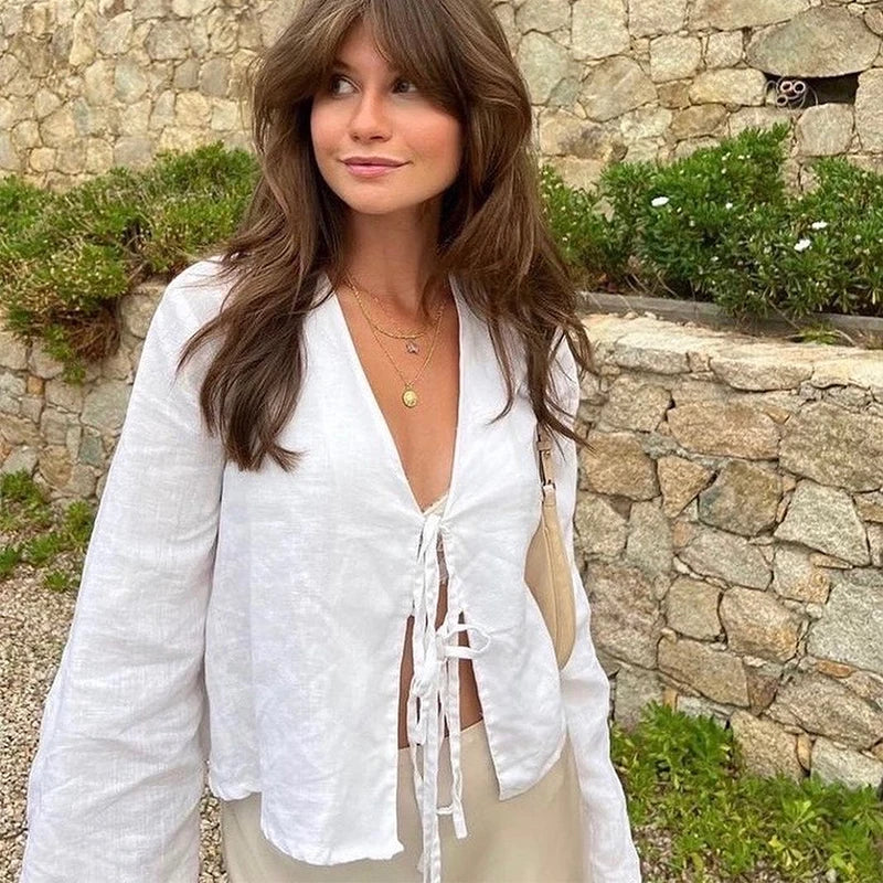 Lace Up Bow Cotton Linen Flare Sleeve Blouse