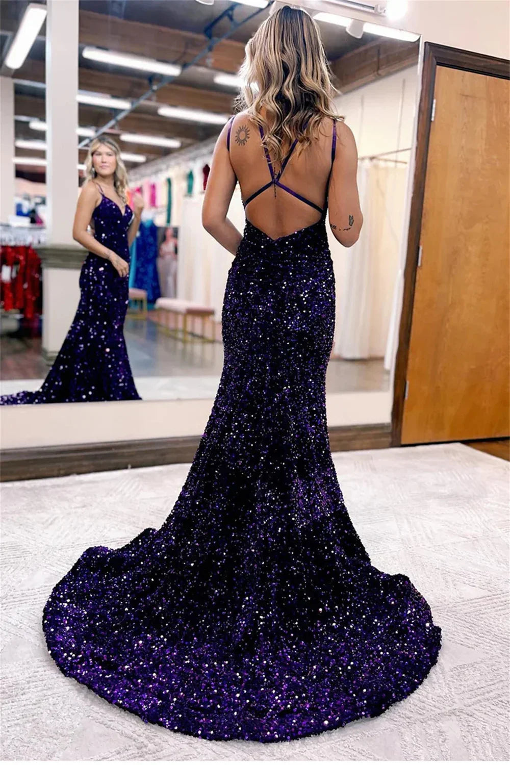 Sequin Backless Strapless Maxi Party Dress