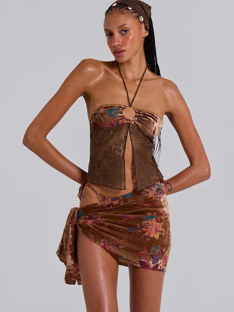 Vintage Patchwork Halter Split Crop Three Piece Swim Sets