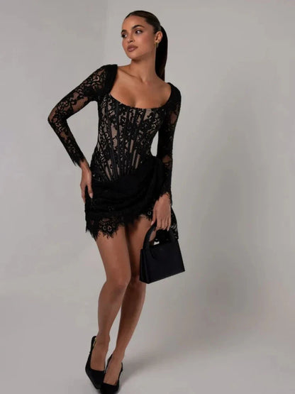 Corset Draped Square Collar Ruched Lace Dress