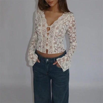 Floral White Lace Long Sleeve Sheer Top