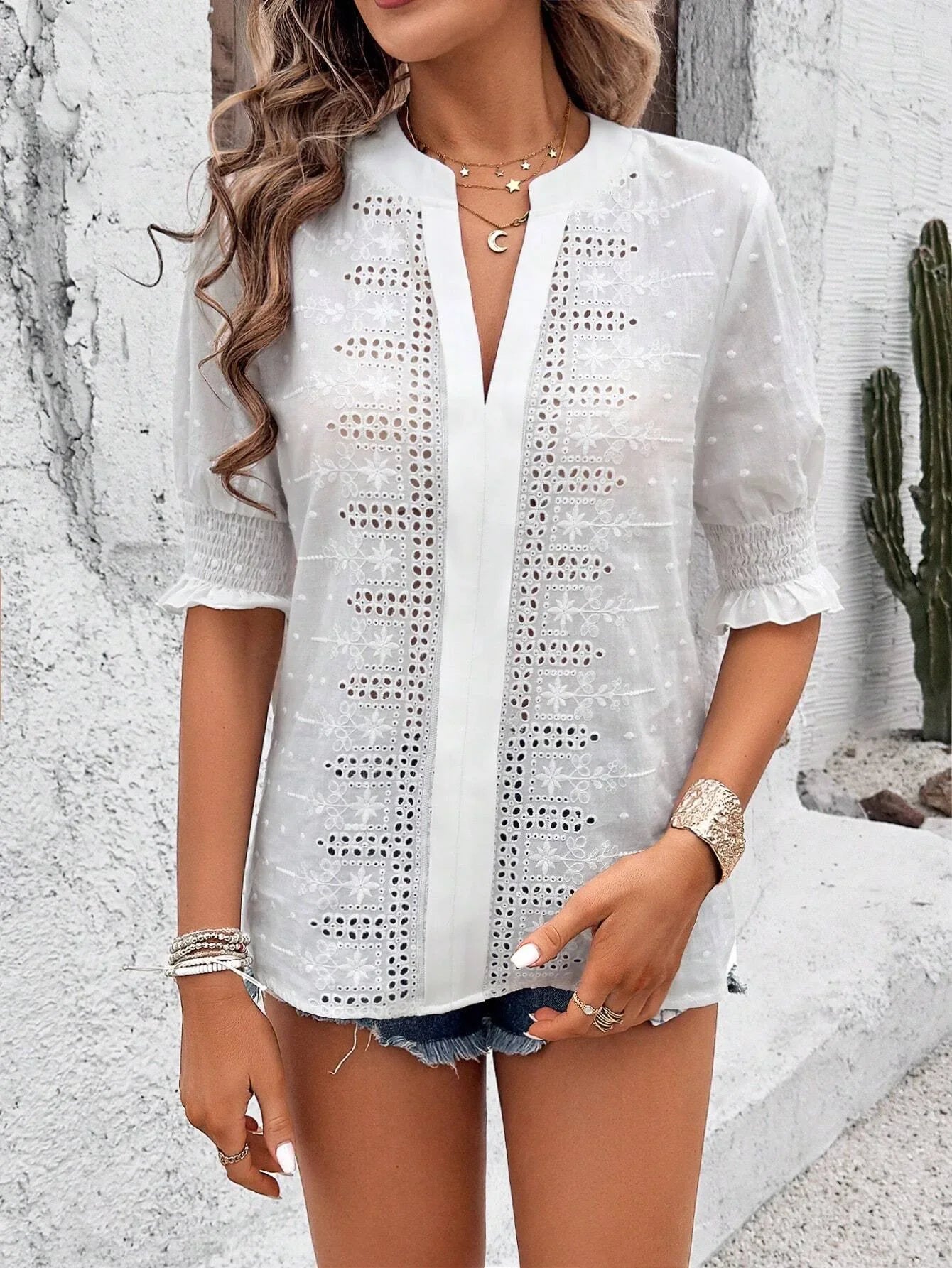 Floral Embroidery Lace Swiss Dot Blouse